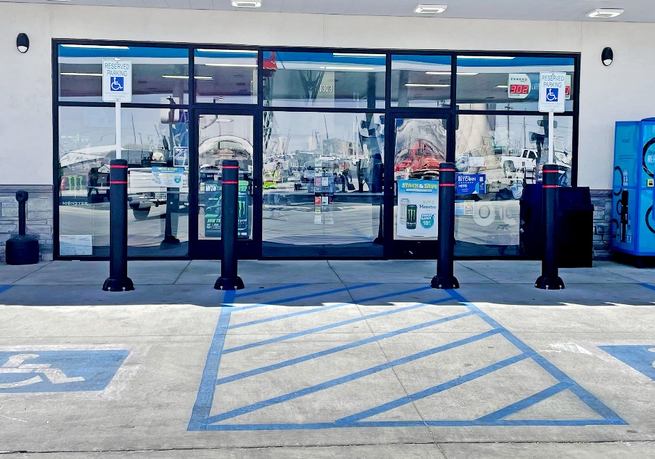 SlowStop bollards in front of storefront to prevent vehicle damage in Hawaii SlowStop bollards in front of storefront to prevent vehicle damage in Hawaii