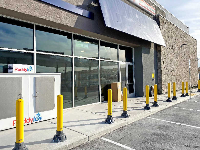 Bollards in front of convenience stores prevent damage to property and injury to customers. Bollards in front of convenience stores prevent damage to property and injury to customers.